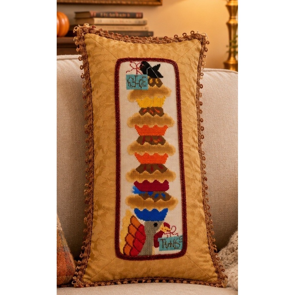 Thanksgiving Needlepoint Pillow Turkey Pie Beaded Damask Gold Grandmacore Autumn